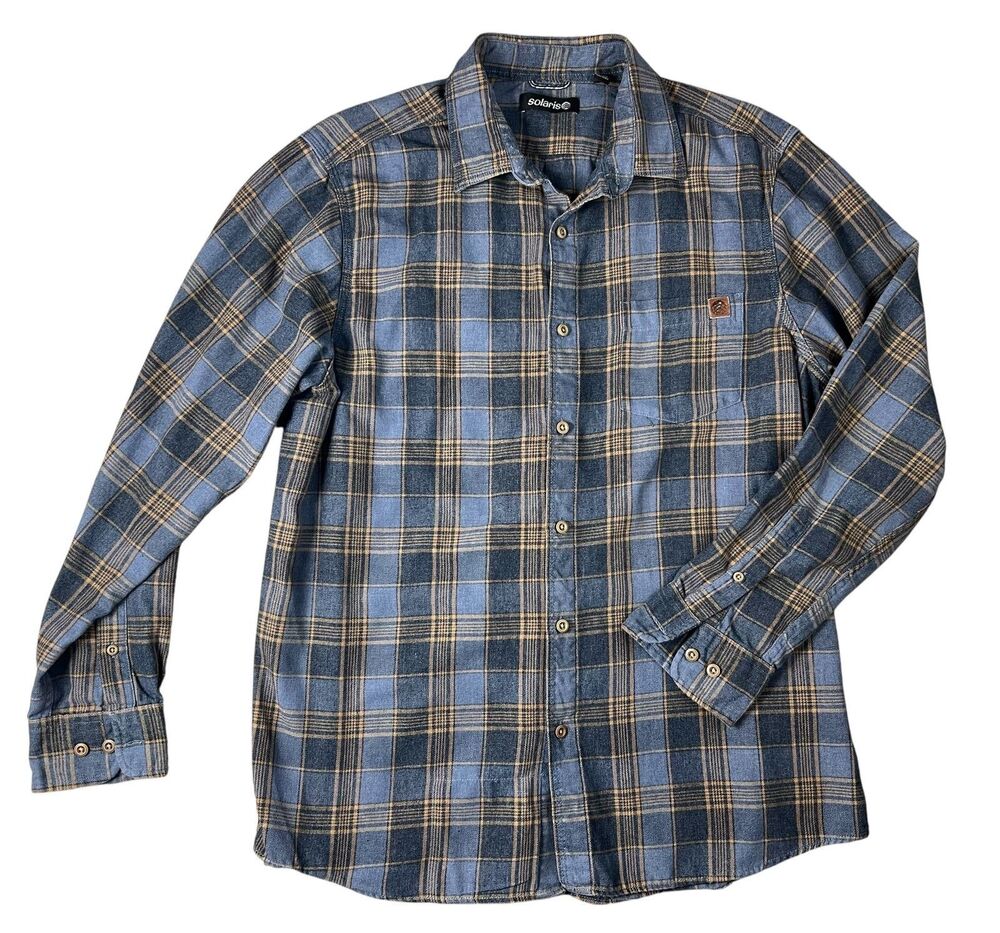 Solaris Men's Casual Outdoor Long Sleeve Gray Plaid Brushed Button Shirt Size L